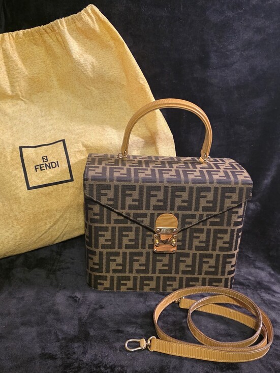 Fendi Handbags - Vintage Fendi Brown Zucca Canvas Vanity Bag with Tan Leather Handle & Dustbag.